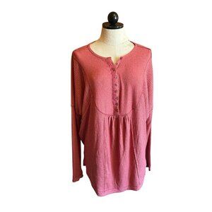Free People Boho Waffle Knit Top Round Neck Long Sleeve Pullover Knit Size S Red
